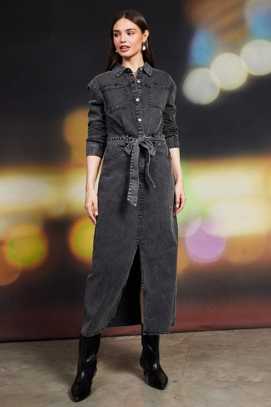 Fashion Black Denim Dress Long Sleeve Long Sleeve Black Denim Midi