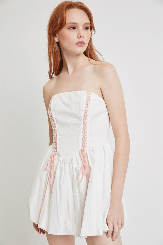 Lace Up Strapless Bubble Dress- White