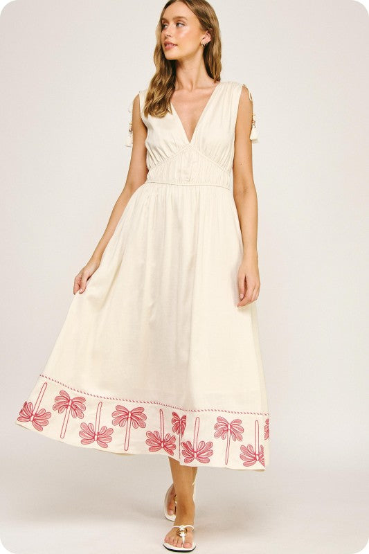Linen Palm Tree Embroidered Dress  The Kindred Boutique