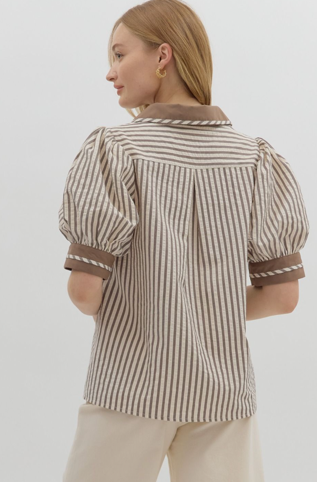 Mocha Striped Bubble Sleeve Top