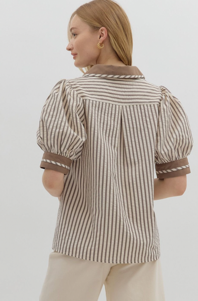 Mocha Striped Bubble Sleeve Top