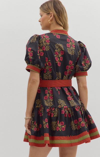 Black Contrast Hem Floral Mini Dress