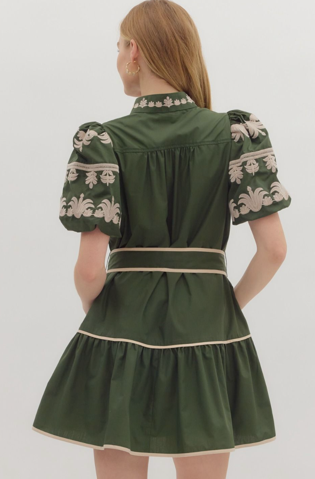 Dark Green Embroidered Sleeve Mini Dress