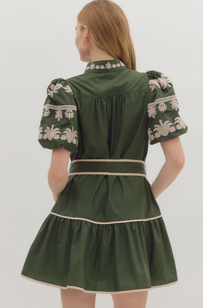 Dark Green Embroidered Sleeve Mini Dress