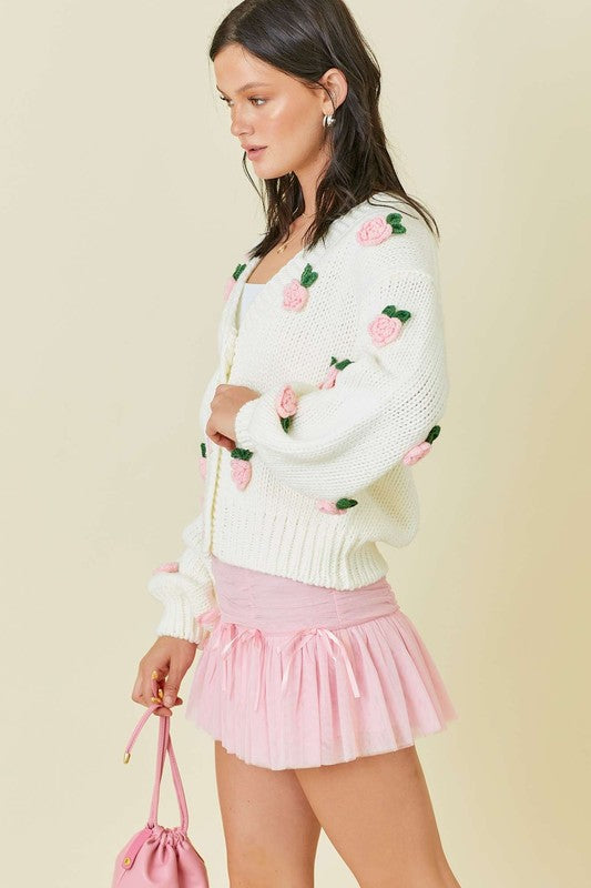 Flower Applique Cardigan Sweater