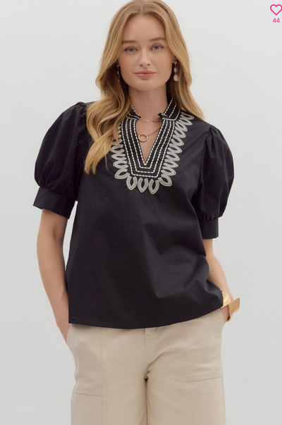 Black Bubble Sleeve Embroidery Detail Top