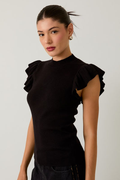 Mock Neck Ruffle Sleeve Knit Top- Black