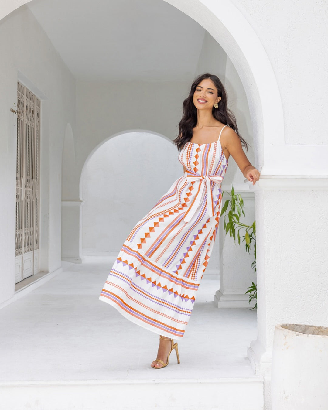 Orange and Purple Geometric Print Maxi Dress