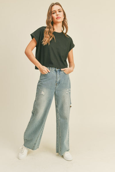 Cuffed Sleeve Easy Tee- Black