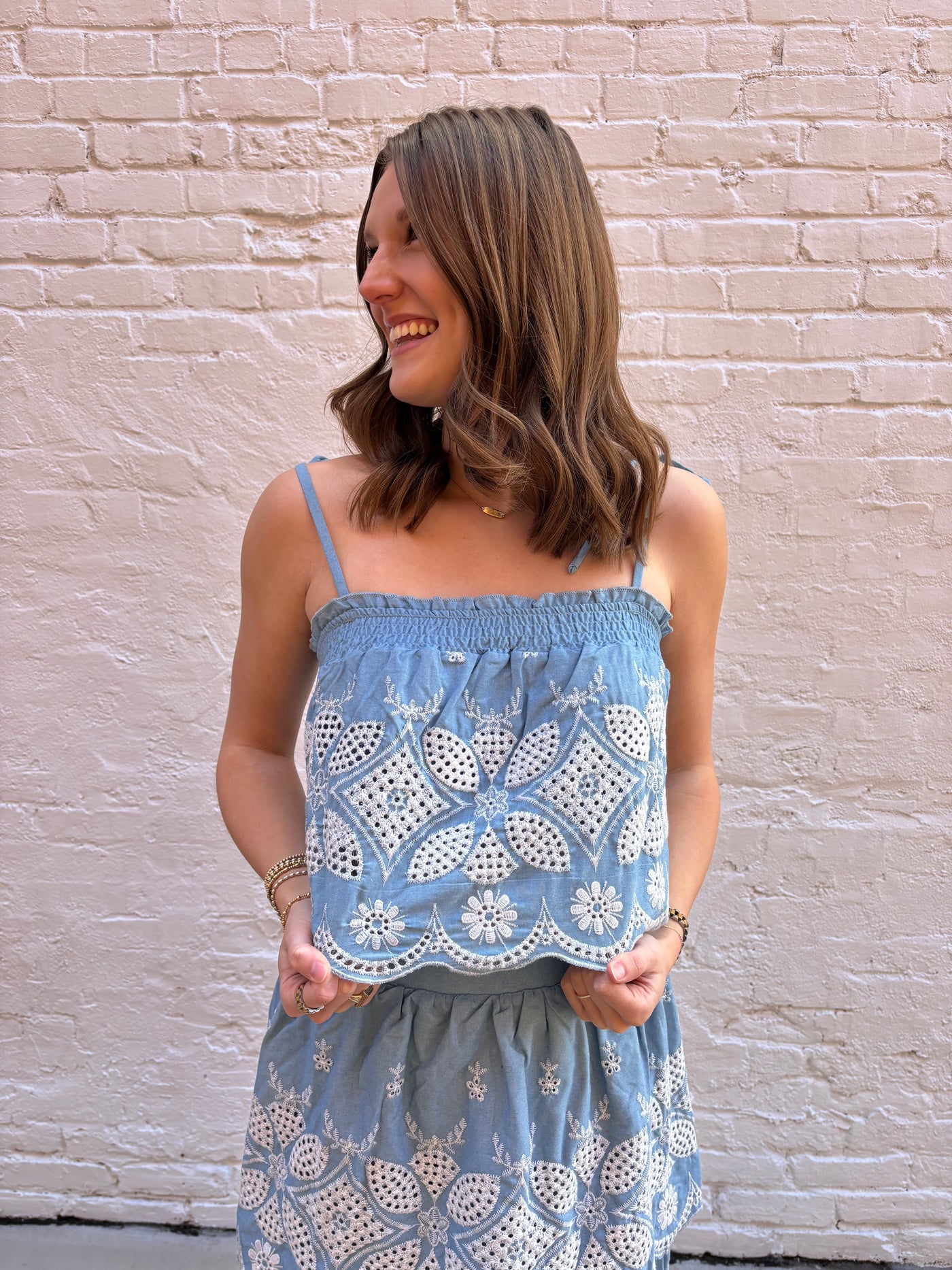 Ellison Embroidered Maxi Skirt Set- Chambray