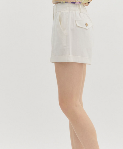 White High Waisted Pin Tuck Shorts