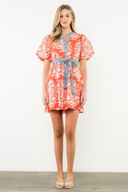Contrast Tie Waist Puff Sleeve Dress
