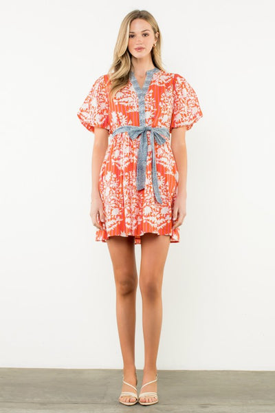 Contrast Tie Waist Puff Sleeve Dress