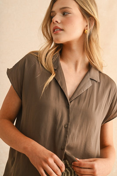 Button Down Cap Sleeve Top- Coffee