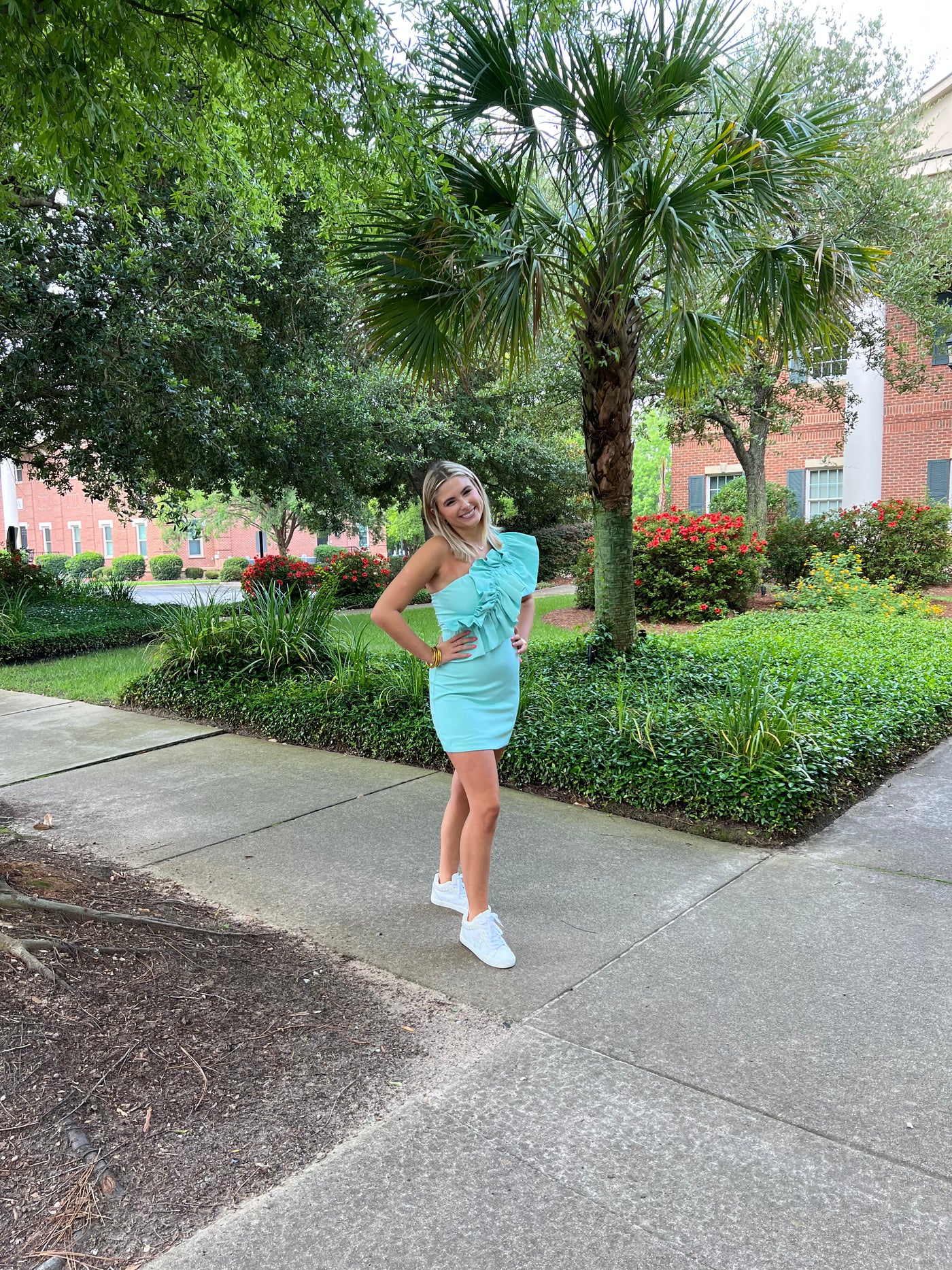 One Shoulder Ruffle Dress- Light Aqua
