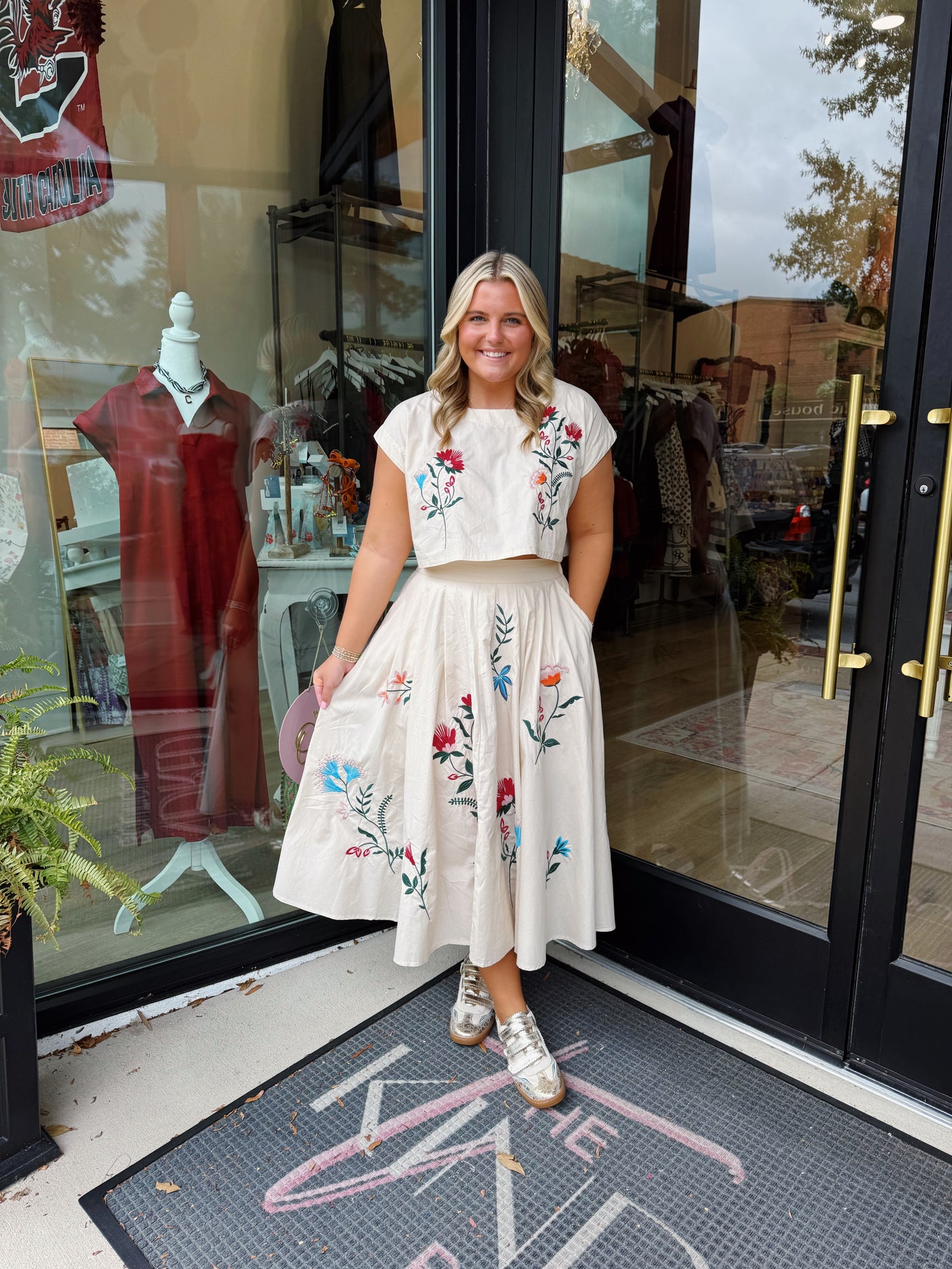 Floral Embroidered Crop Top And Midi Skirt Set