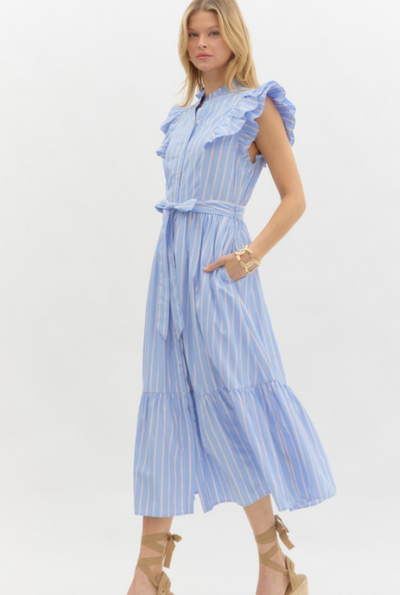 Blue Striped Flutter Sleeve Midi Dress