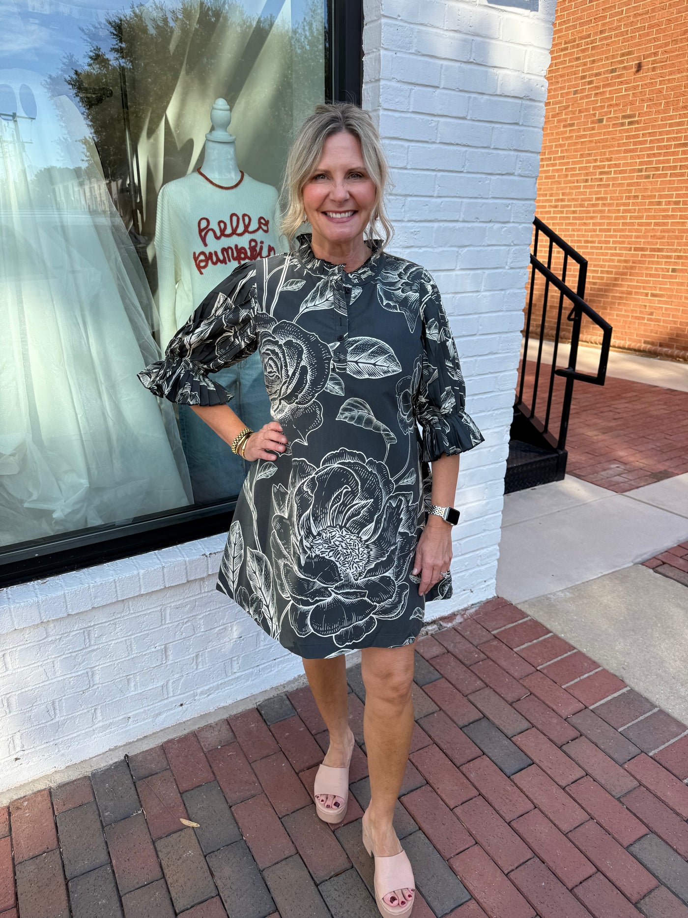 Black Floral Print Ruffle Trim Mini Dress