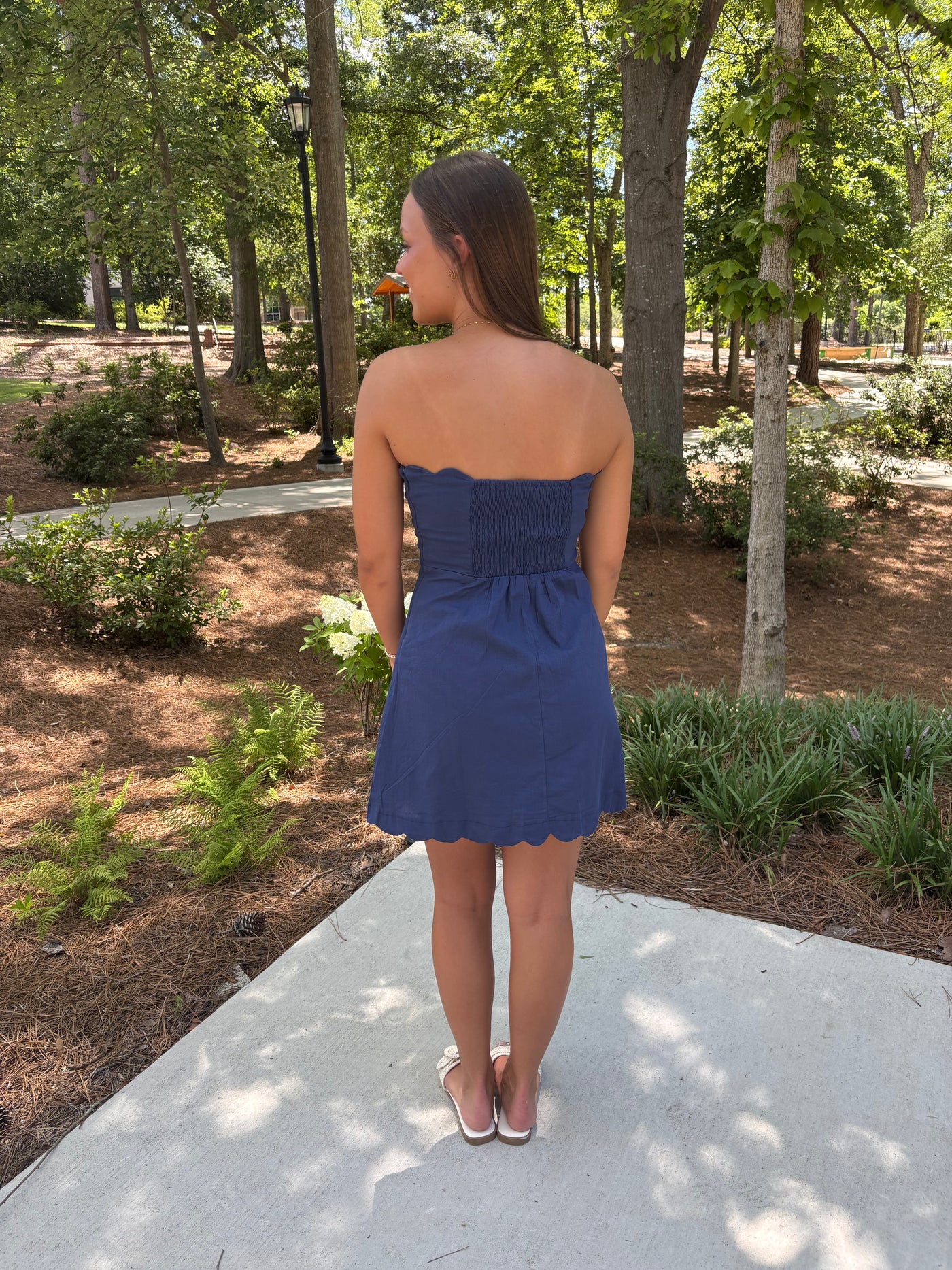 Navy Strapless Scalloped Detail Dress