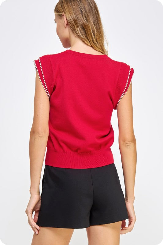 Red Pearl Trim Sleeveless Sweater