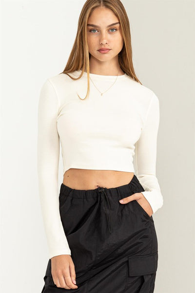 Long Sleeve Crew Neck Top-Cream