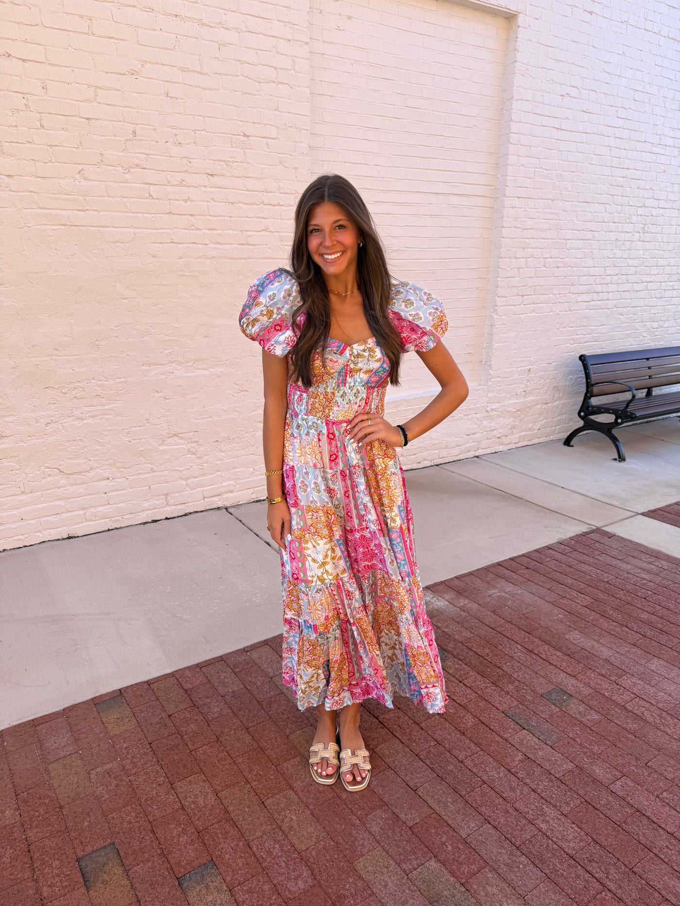 Mixed Floral Print Puff Sleeve Maxi Dress