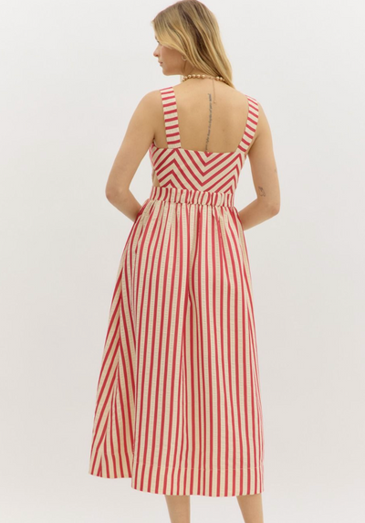 Red Striped Cutout Midi Dress