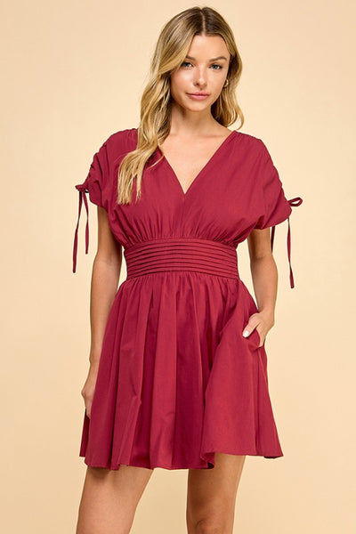 Burgundy V-Neck Dropped Shoulder Mini Dress