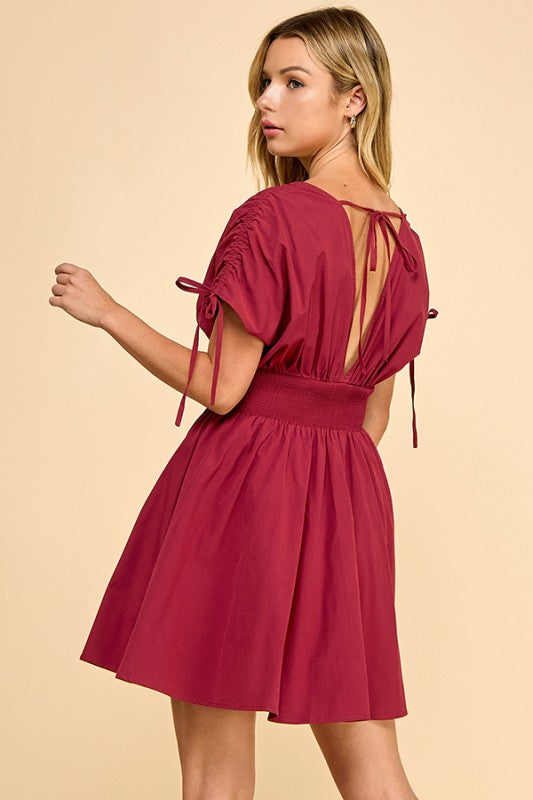 Burgundy V-Neck Dropped Shoulder Mini Dress