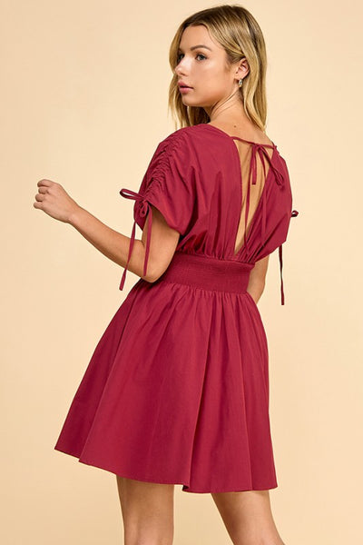 Burgundy V-Neck Dropped Shoulder Mini Dress