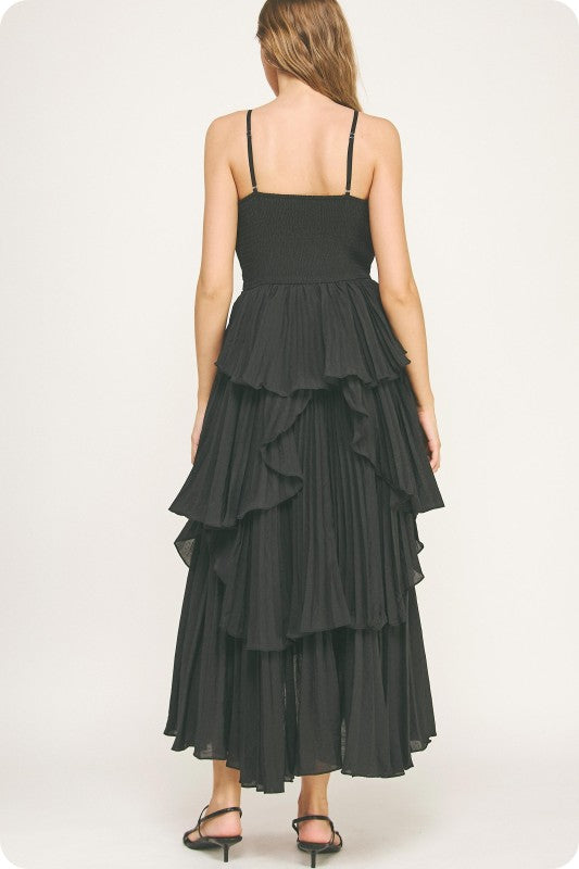 Pleated Layered Ruffle Maxi Dress- Black