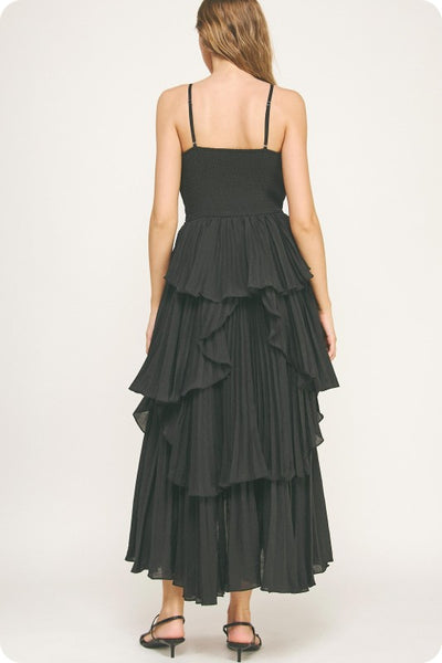 Pleated Layered Ruffle Maxi Dress- Black
