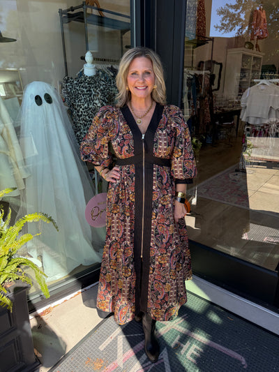 Paisley Printed Zip Up Midi Dress
