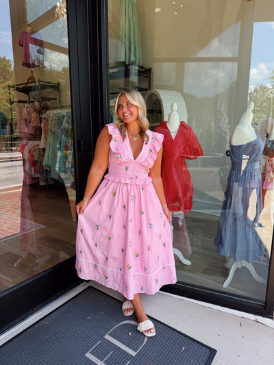 Flower Bouquet Embroidered Midi Dress- Pink