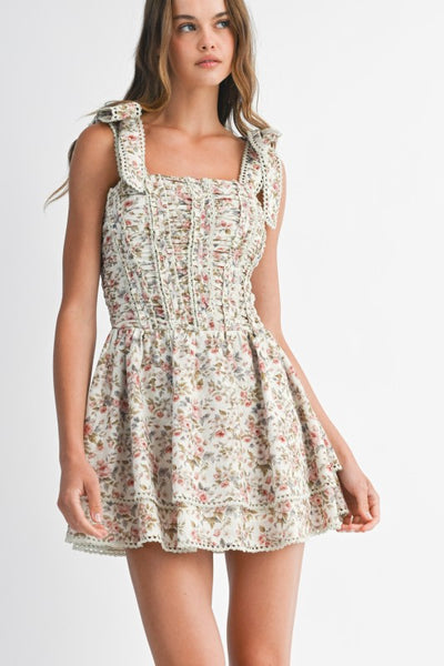 Fall Floral Print Ruched Bodice Mini Dress
