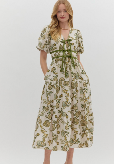 Olive Floral Bow Detail Midi Dress