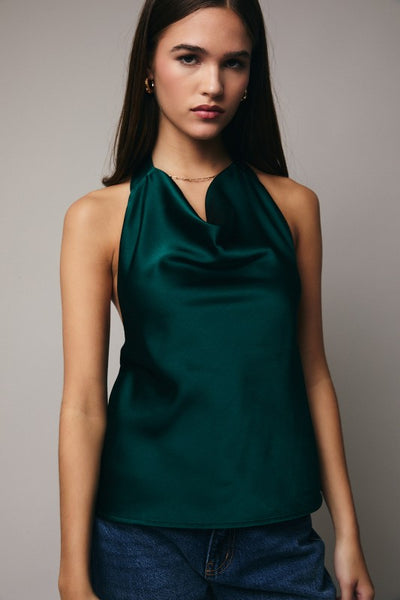 High Cowl Neck Halter Satin Top
