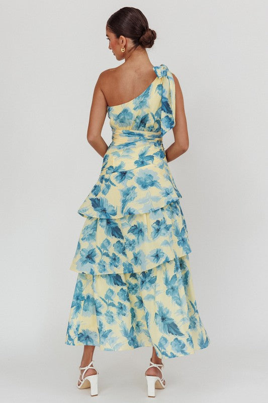 One Shoulder Floral Tiered Maxi Dress