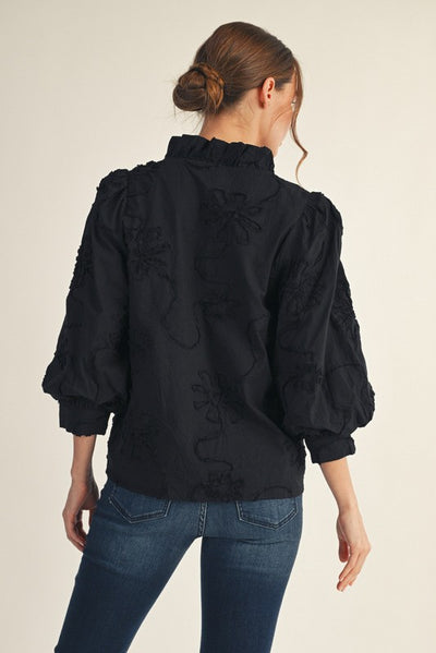 Black Button Down 3D Floral Top