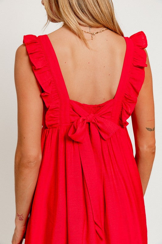 Red Ruffle Detail Tie Back Mini Dress