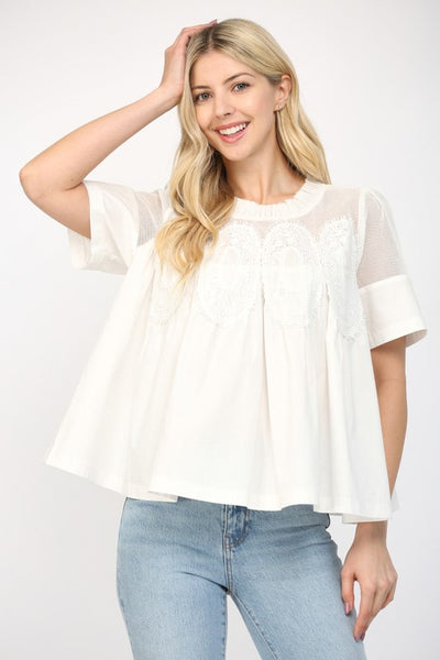 White Mesh Applique Top