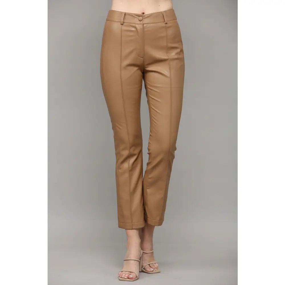 Camel Front Seam Faux Leather Pants