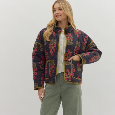 Botanical Floral Print Quilted Jacket
