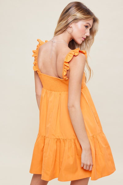 Square Neck Smock Back Ruffle Detail Mini Dress-Bright Orange