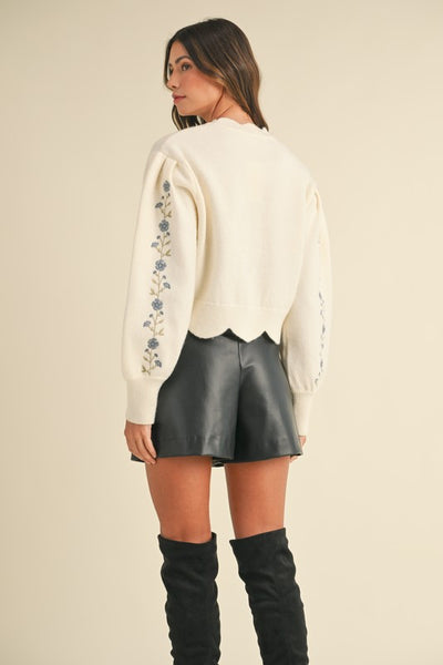 Floral Embroidered Scalloped Sweater