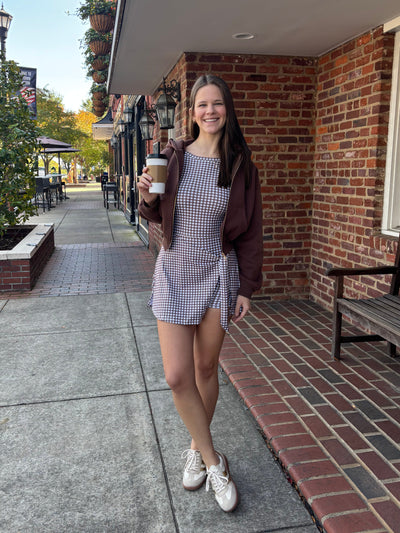 Gingham Print Sleeveless Wrap Tie Front Dress- Brown