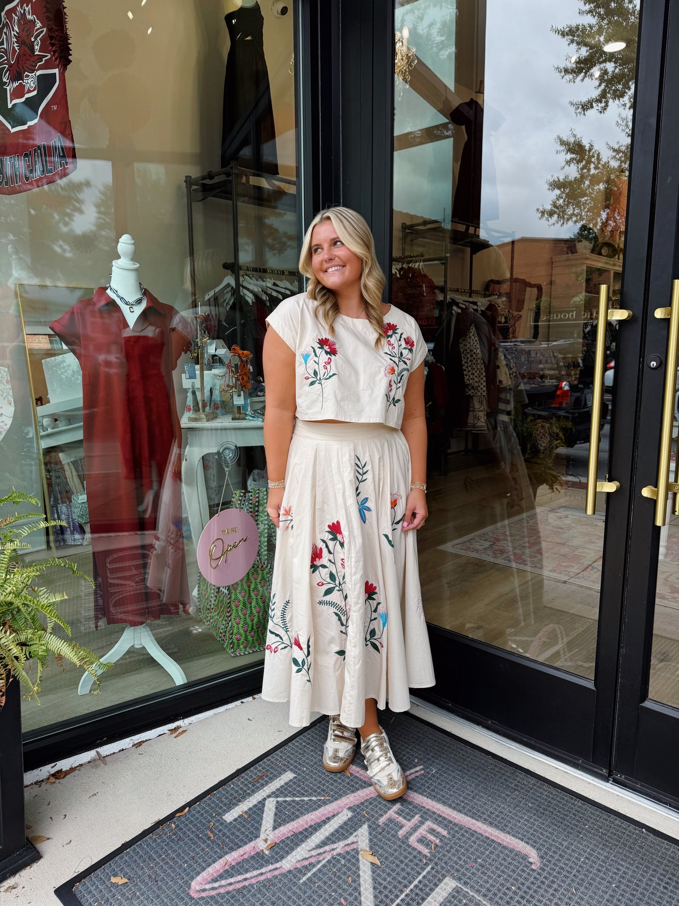 Floral Embroidered Crop Top And Midi Skirt Set