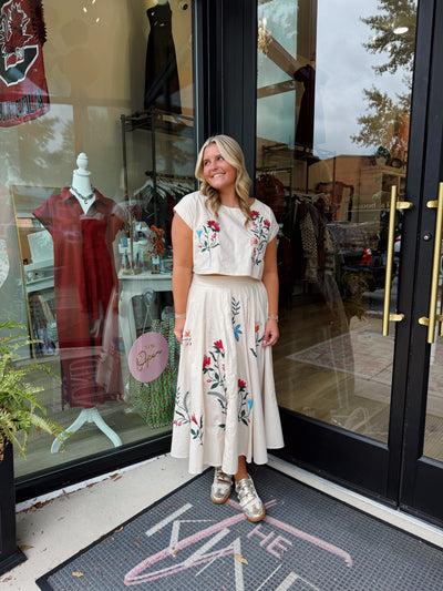 Floral Embroidered Crop Top And Midi Skirt Set