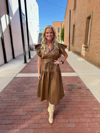 Cala Camel Faux Leather Midi Dress