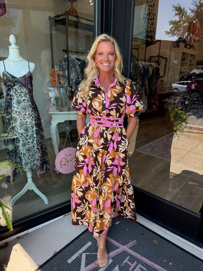 Botanical Print Cuffed Sleeve Dress